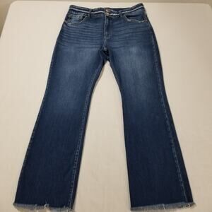 KanCan Bootcut Jeans 32 High Rise Curvy Double Button Dark Sandblast Fringe Hem